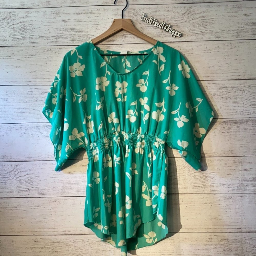 Francesca's Aqua Cream Floral Flower Peplum Blouse Top M
